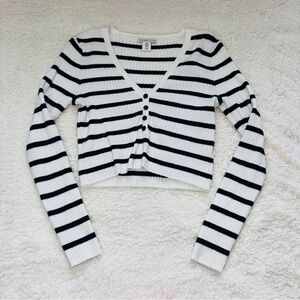 White and Black Striped Cropped Sweater with Button Front